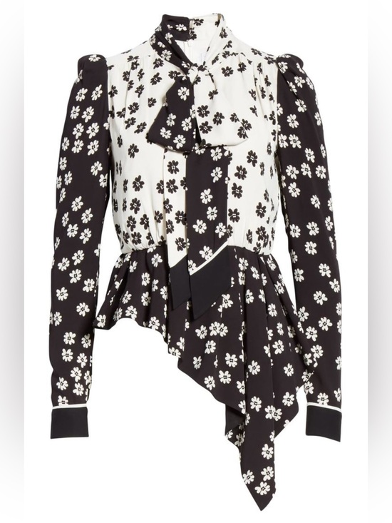 Self-Portrait Tops - Self-Portrait Black and White Floral Tie-Neck Asymmetric Blouse 8 M